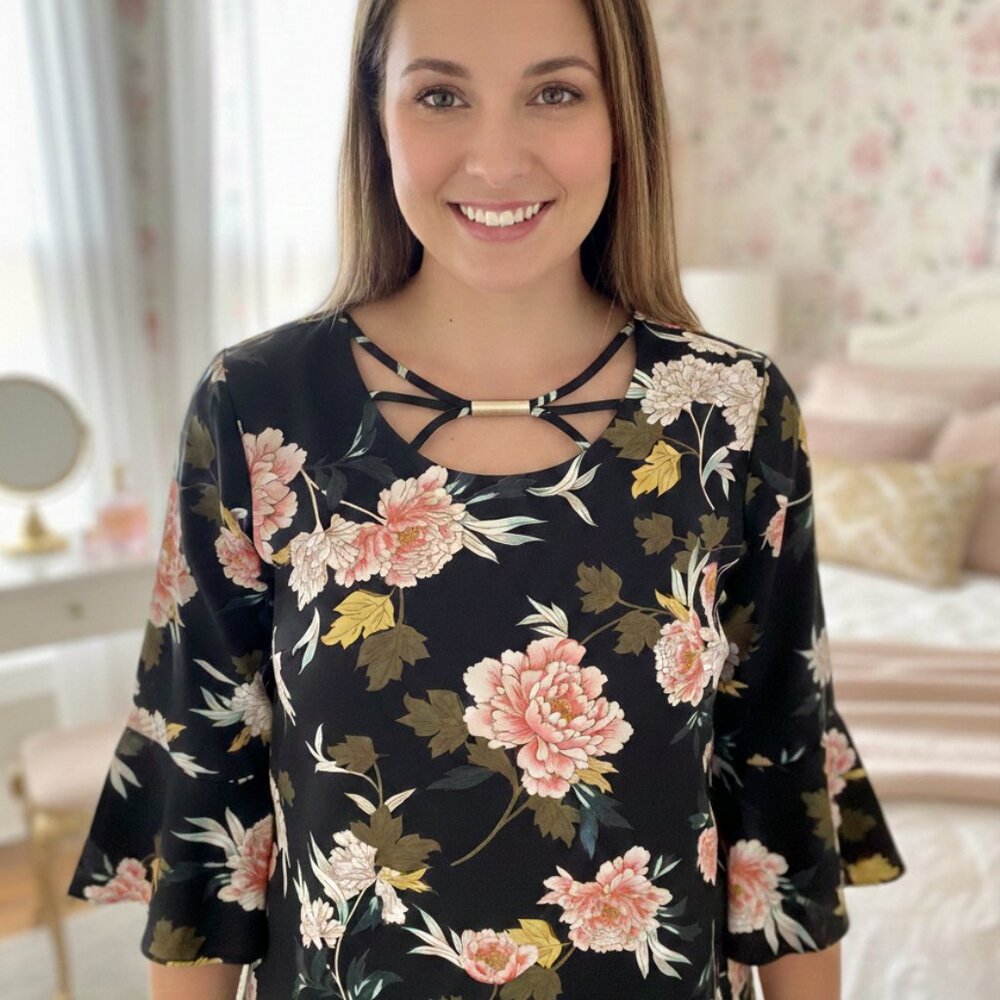 EST. 1946 Black Floral 3/4 Bell Sleeves Small Lightweight Scoop Neck Blouse EUC